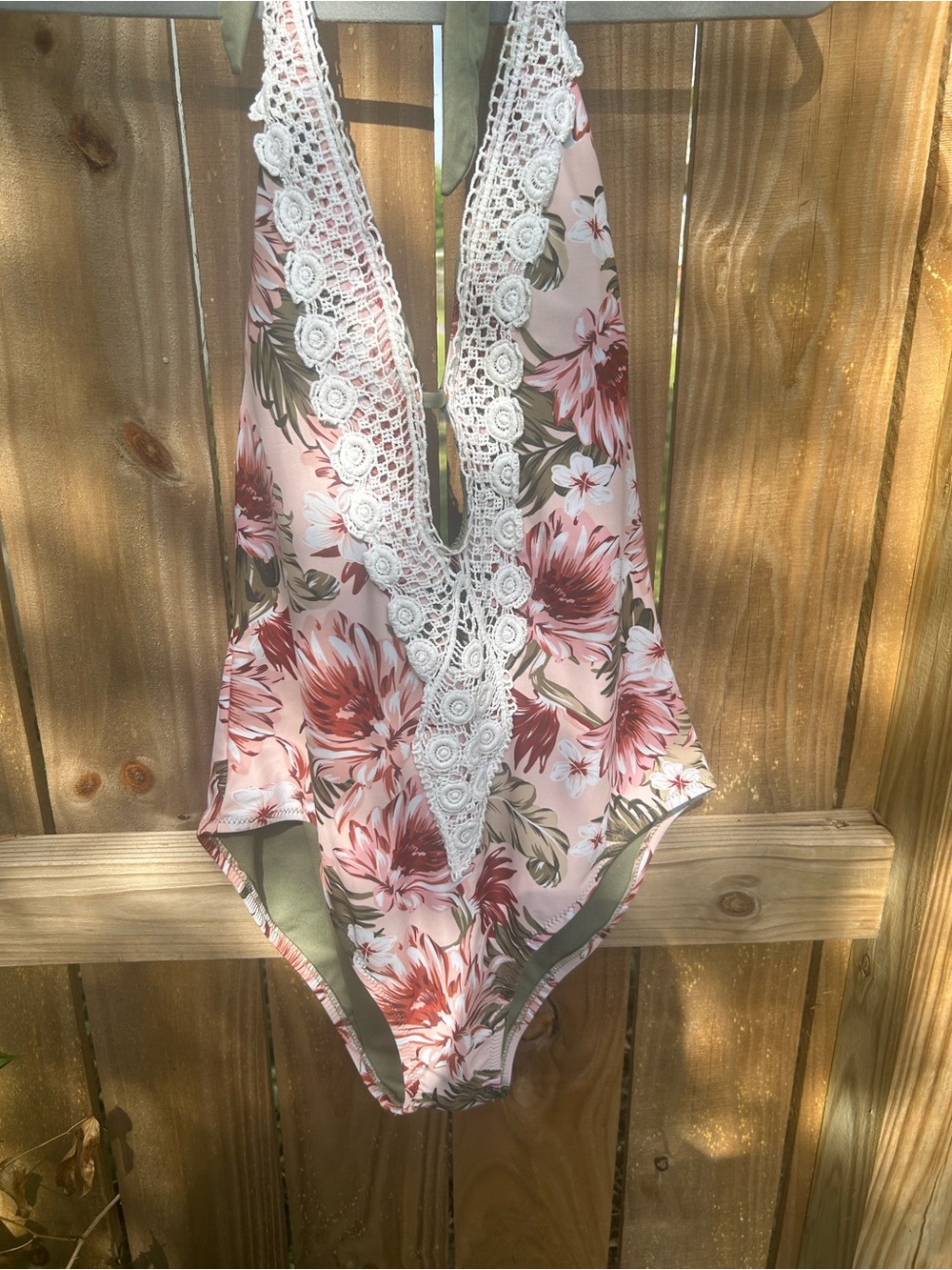 Kona Sol Pink Floral One-Piece Swimsuit with Olive Ties size large - Picture 3 of 11